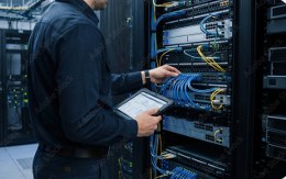 Technician configuring business server equipment