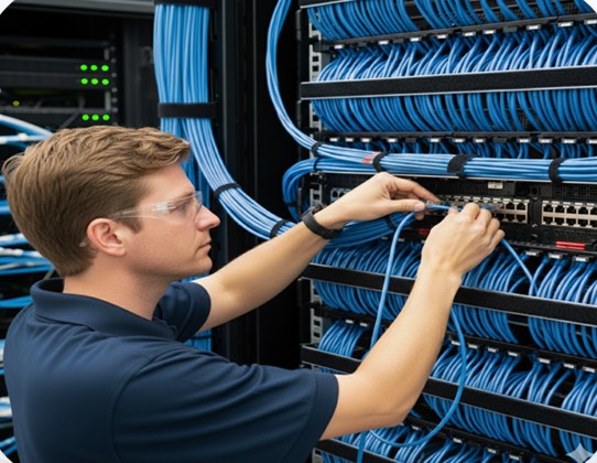 Technician working on structured network cabling