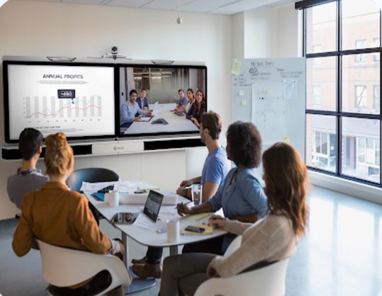 Business team meeting in a video-enabled conference room